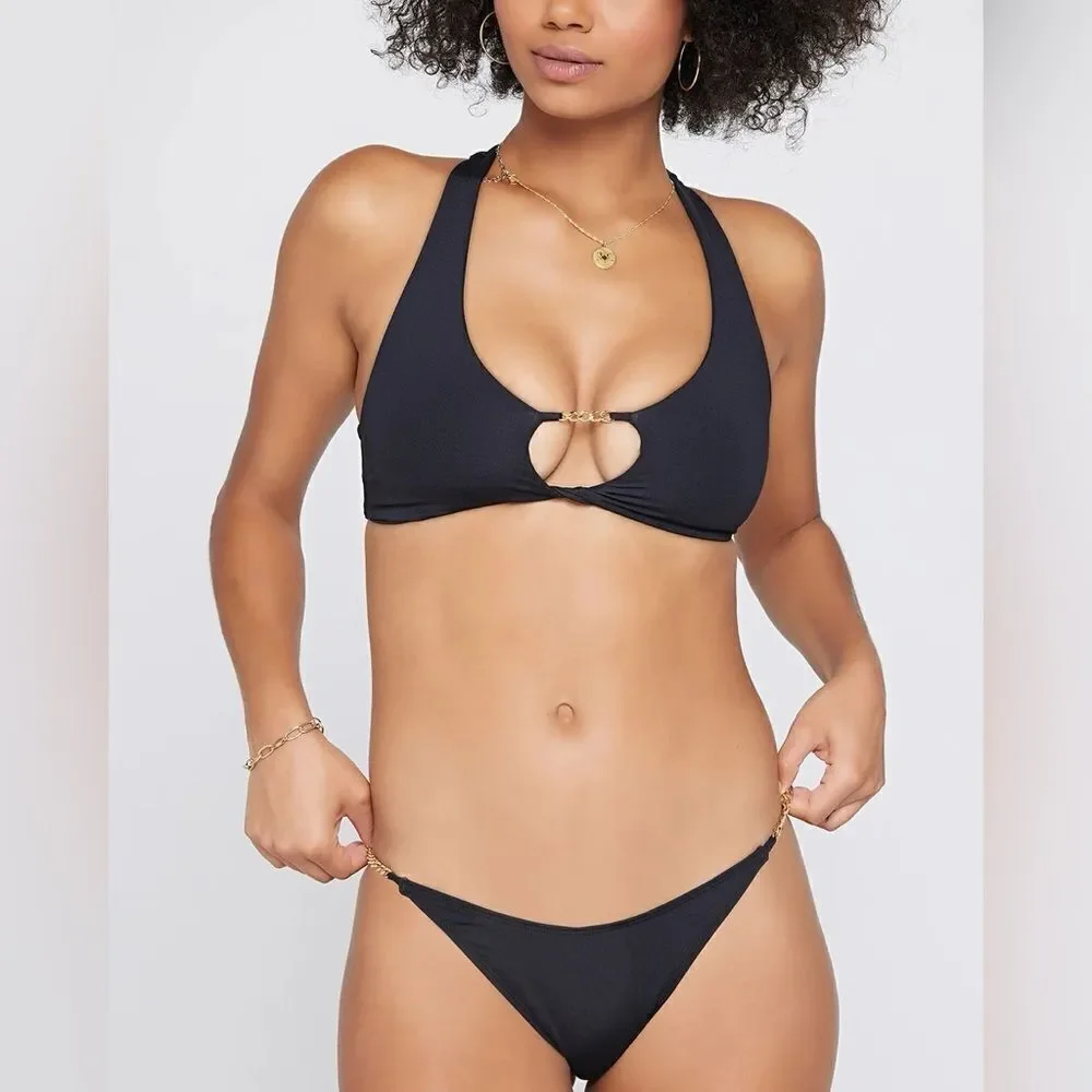 L*Space Van Damme Bikini Bottom Black & Gold Chain Bitsy Size Small NEW